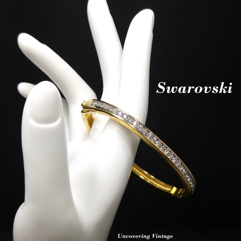 Vintage Swarovski Gold Plated Bangle Bracelet Swan Logo